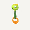 A bright green cartoon animal rattle toy with an orange cord for baby sensory development.