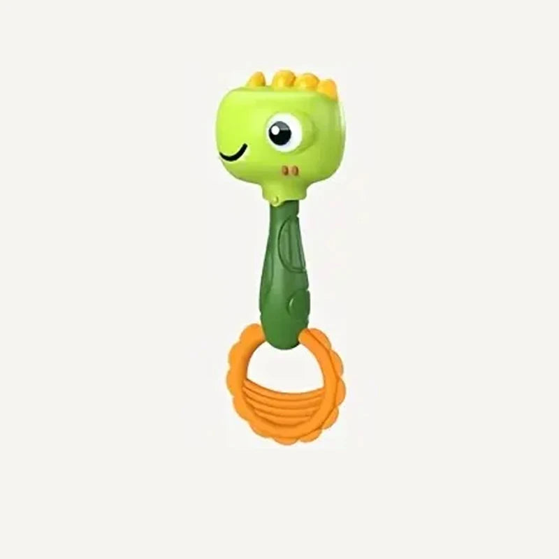 A bright green cartoon animal rattle toy with an orange cord for baby sensory development.