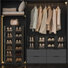 A display of clear plastic shoe storage boxes and hangers in a dark cabinet with built-in shelving.