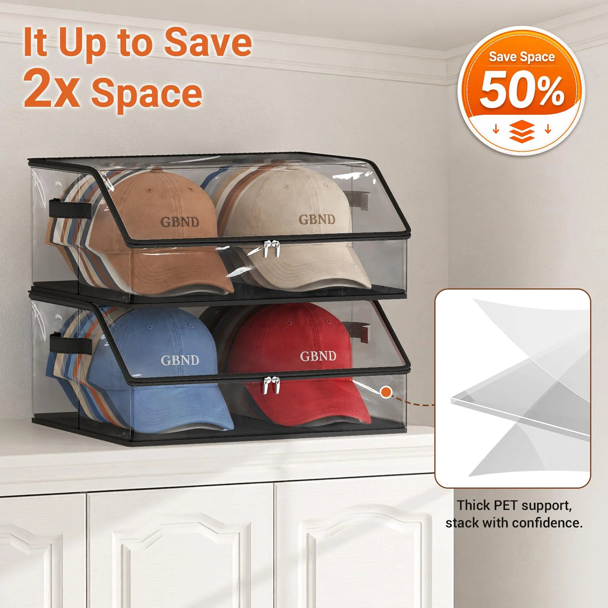 Clear plastic organizer holding two baseball caps, demonstrating a 50% space saving feature.