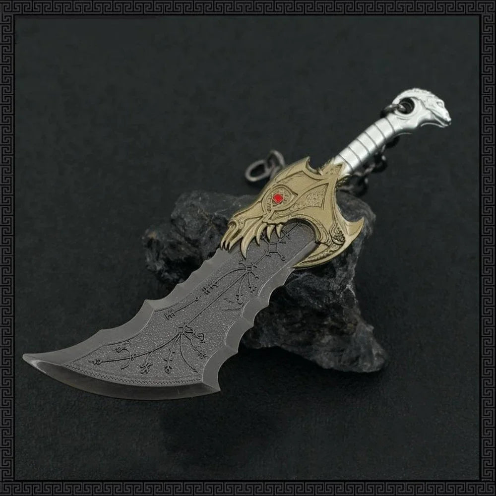 A detailed metal sword with a gold hilt and dark blade is displayed on a black rock, set against a decorative border.