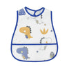 A white baby feeding bib with blue trim featuring various animal shapes and a catch pocket.