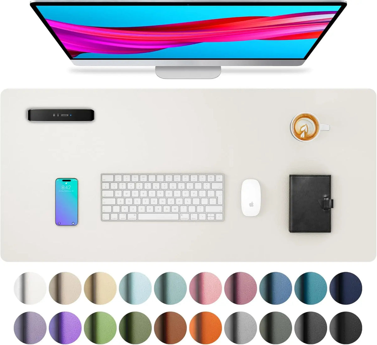 A desk pad featuring a monitor, smartphone, keyboard, mouse, and a collection of colored circles.