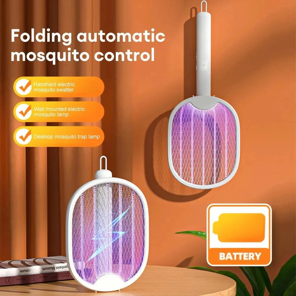A white folding electric mosquito swatter lamp is shown mounted on a wall, with other mosquito traps displayed nearby.