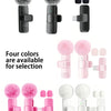 Four colors of USB-C wireless lavalier microphones with fuzzy foam windscreens shown in various configurations.