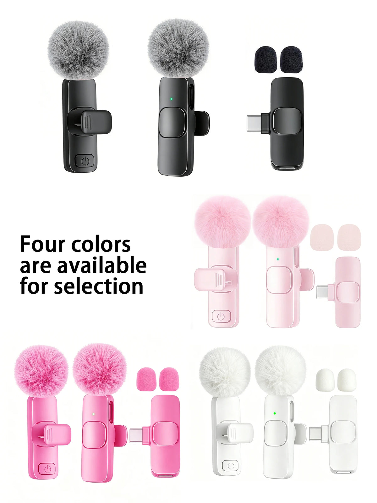 Four colors of USB-C wireless lavalier microphones with fuzzy foam windscreens shown in various configurations.