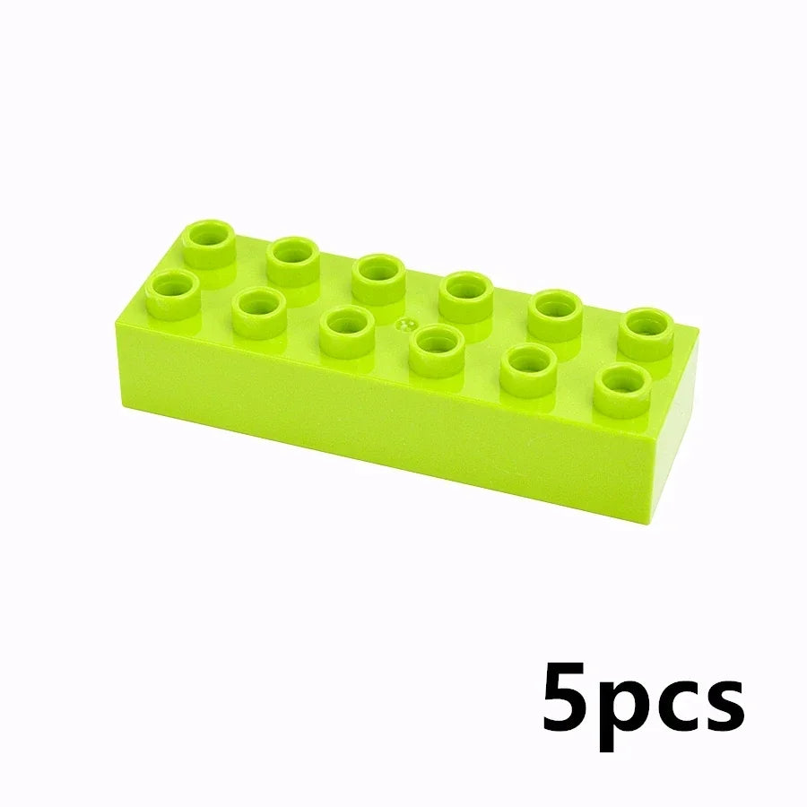 A rectangular block of lime green plastic with ten round yellow studs on top.