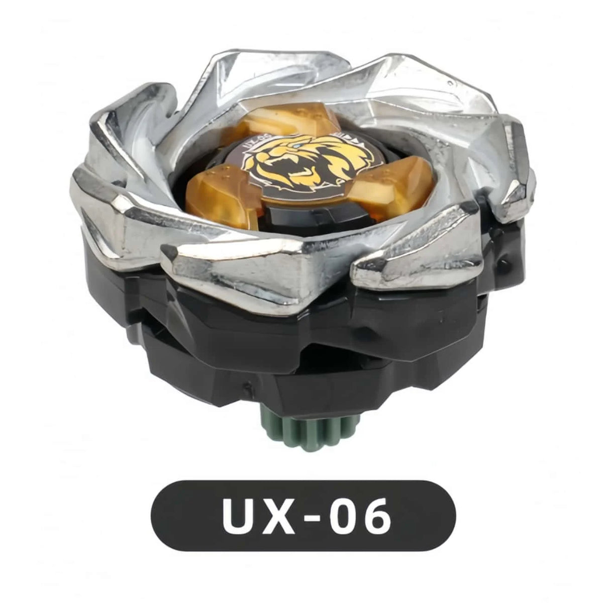 A silver metal spinning top battle toy with a launcher mechanism and black base.