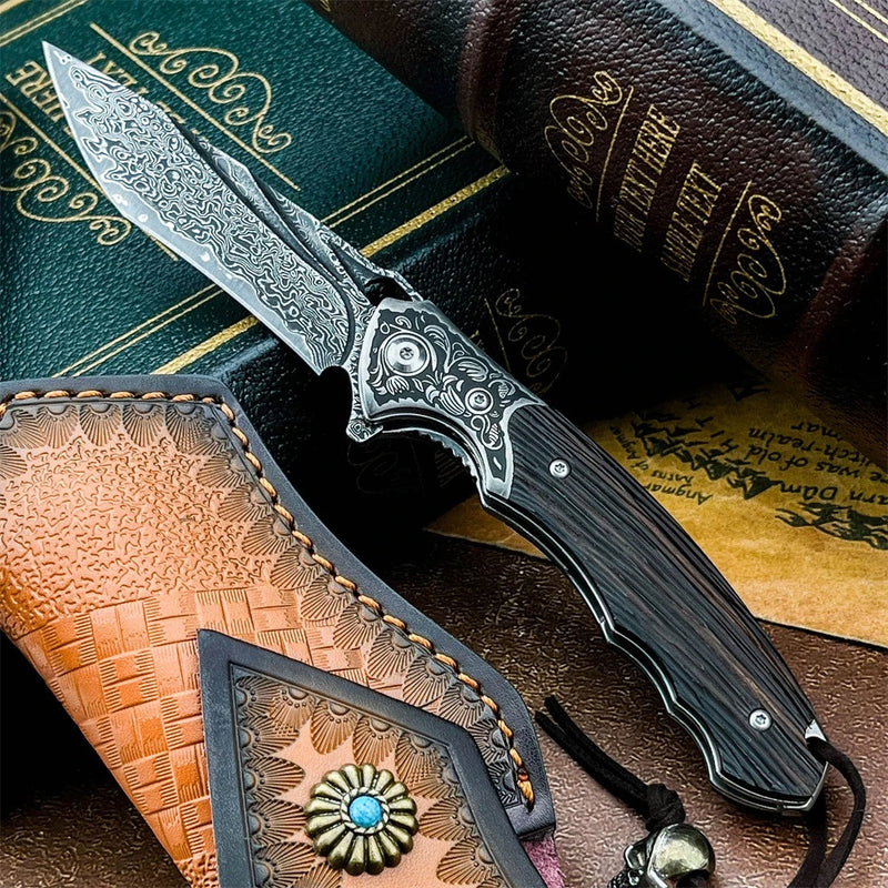 Cuchillo Plegable de Acero Damasco con Mango de Ébano