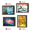 A collection of five framed art masterpieces made from building blocks featuring Van Gogh and classic paintings.