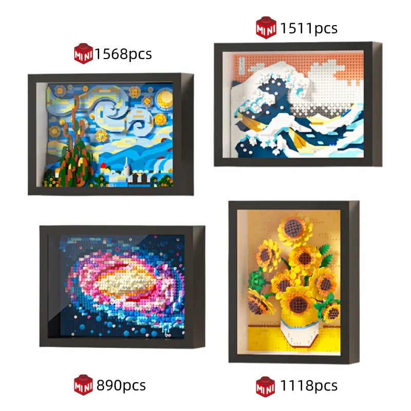 A collection of five framed art masterpieces made from building blocks featuring Van Gogh and classic paintings.