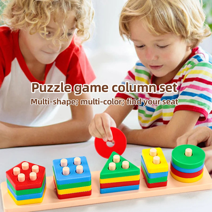 A puzzle game column set of multi-shape, multi-color stacking blocks being played with by two young children.