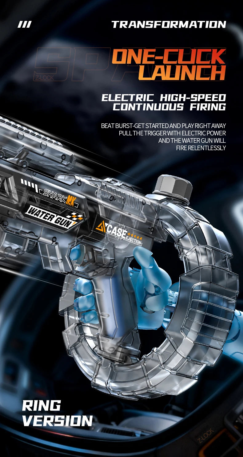 A close-up of a Shark MK water gun in the Ring version, showing its high-speed firing mechanism and futuristic design.