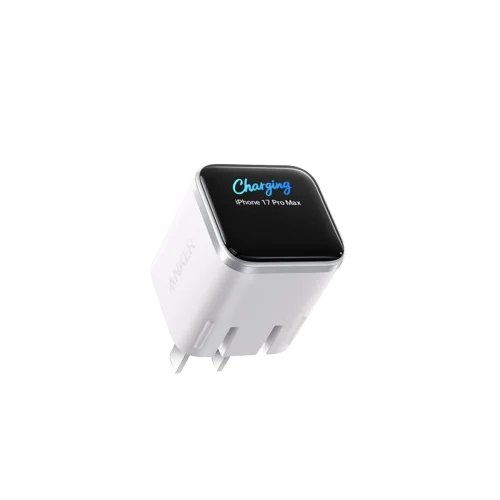 Bloc de charge blanc avec port noir et voyant LED indiquant 'Charging'.