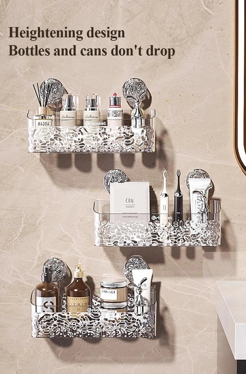 Wall-mounted storage basket with a water ripple design holding various bottles and cans.