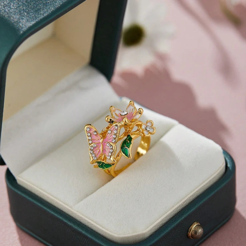 Floral Butterfly Rhinestone Ring — Romantic Adjustable Design