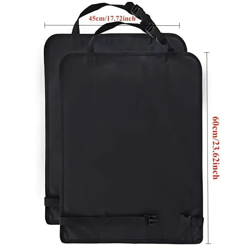 Black waterproof car seat back kick protectors shown flat with dimensions 45cm/17.72inch and 60cm/23.62inch