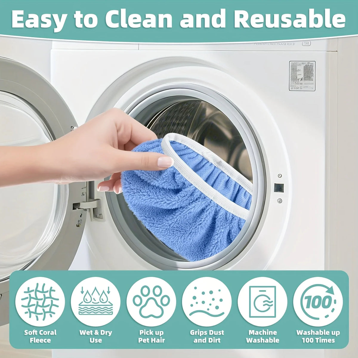 A hand places a blue and white reusable mop pad into the drum of a white washing machine for cleaning.