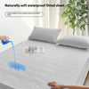 A fitted waterproof bed sheet is being shown being used on a mattress, demonstrating its water resistance.