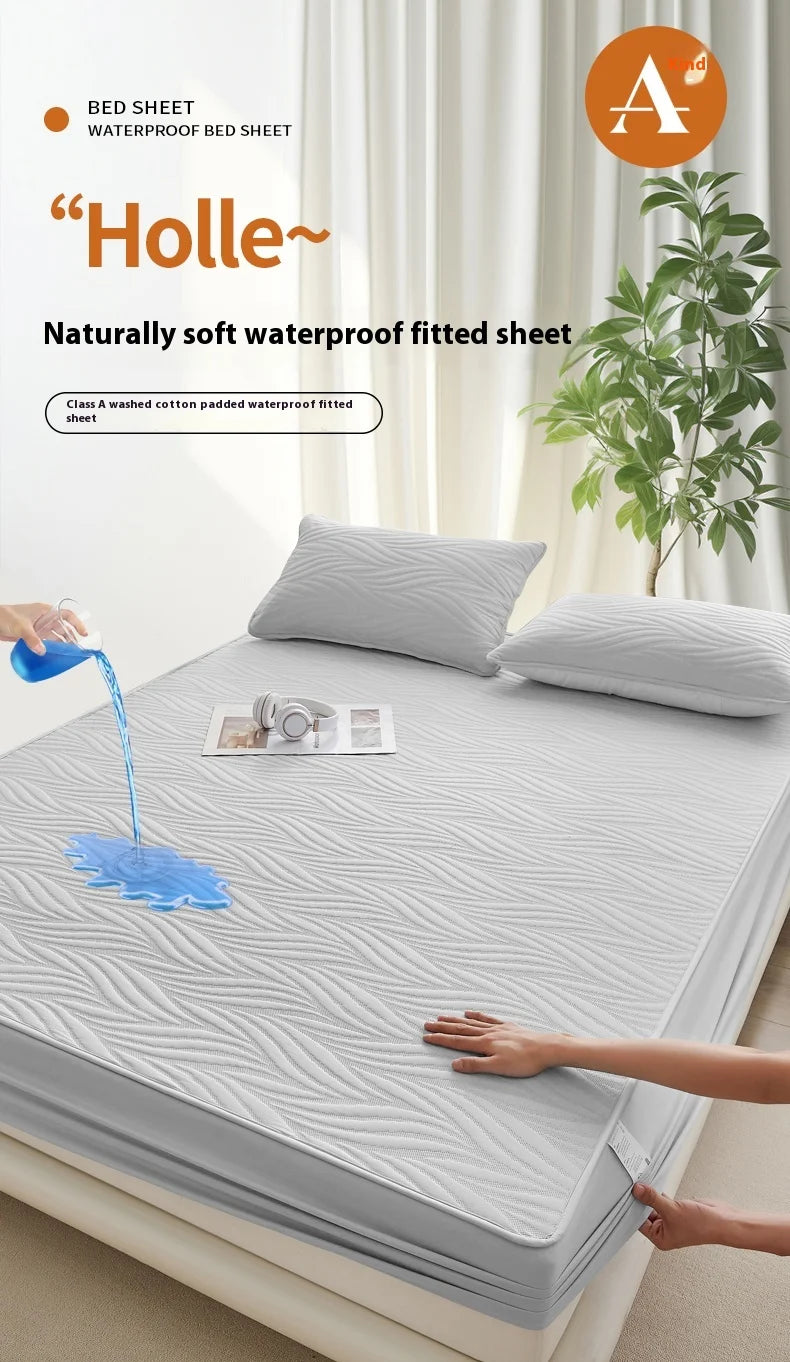 A fitted waterproof bed sheet is being shown being used on a mattress, demonstrating its water resistance.