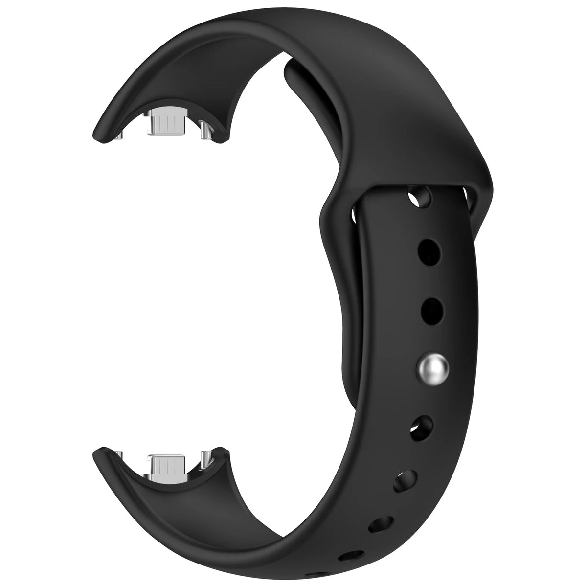 A black silicone replacement strap for a fitness tracker, shown in a curved shape.