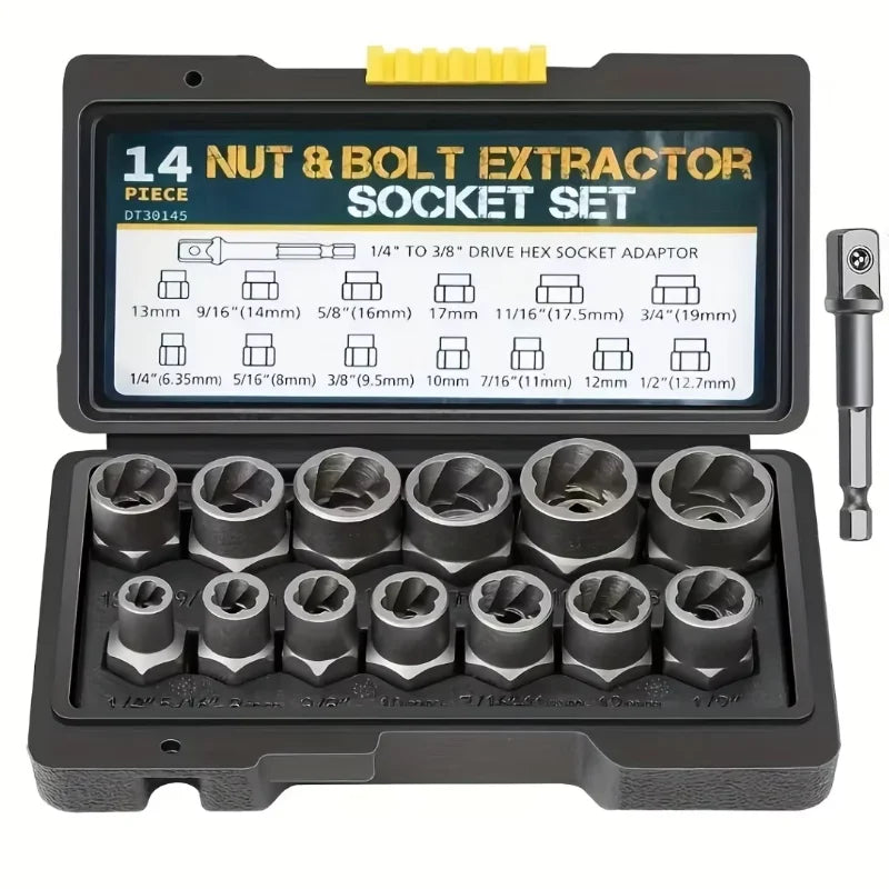 A black tool case containing a 14 piece nut and bolt extractor socket set with various sizes.