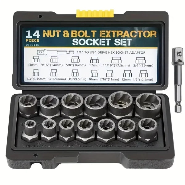A black tool case containing a 14 piece nut and bolt extractor socket set with various sizes.