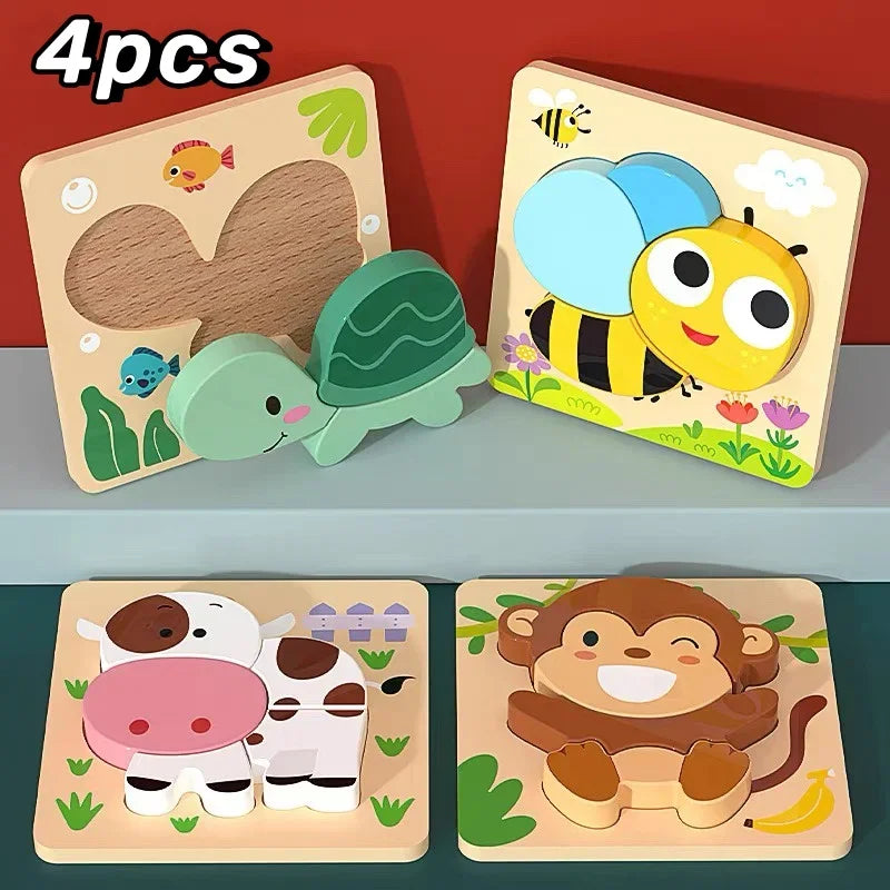 Four pieces of wooden puzzle set featuring cartoon animals like a fish, turtle, cow, and monkey.