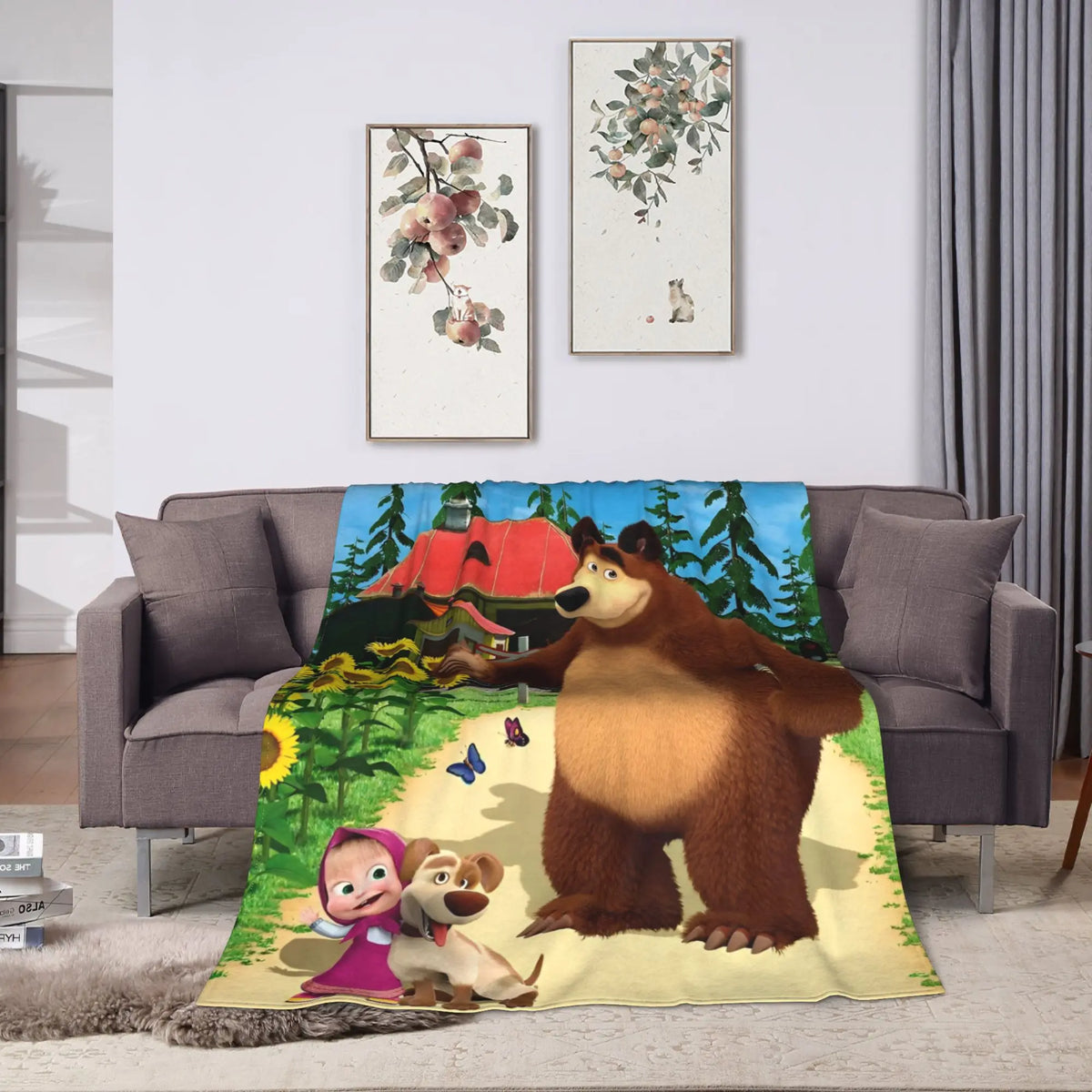 Flannel throw blanket featuring a cartoon design of Masha and Bear on a green background