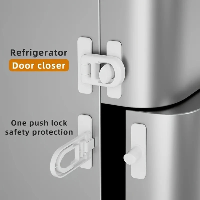 Close-up of a white one-push safety door lock installed on a refrigerator door.