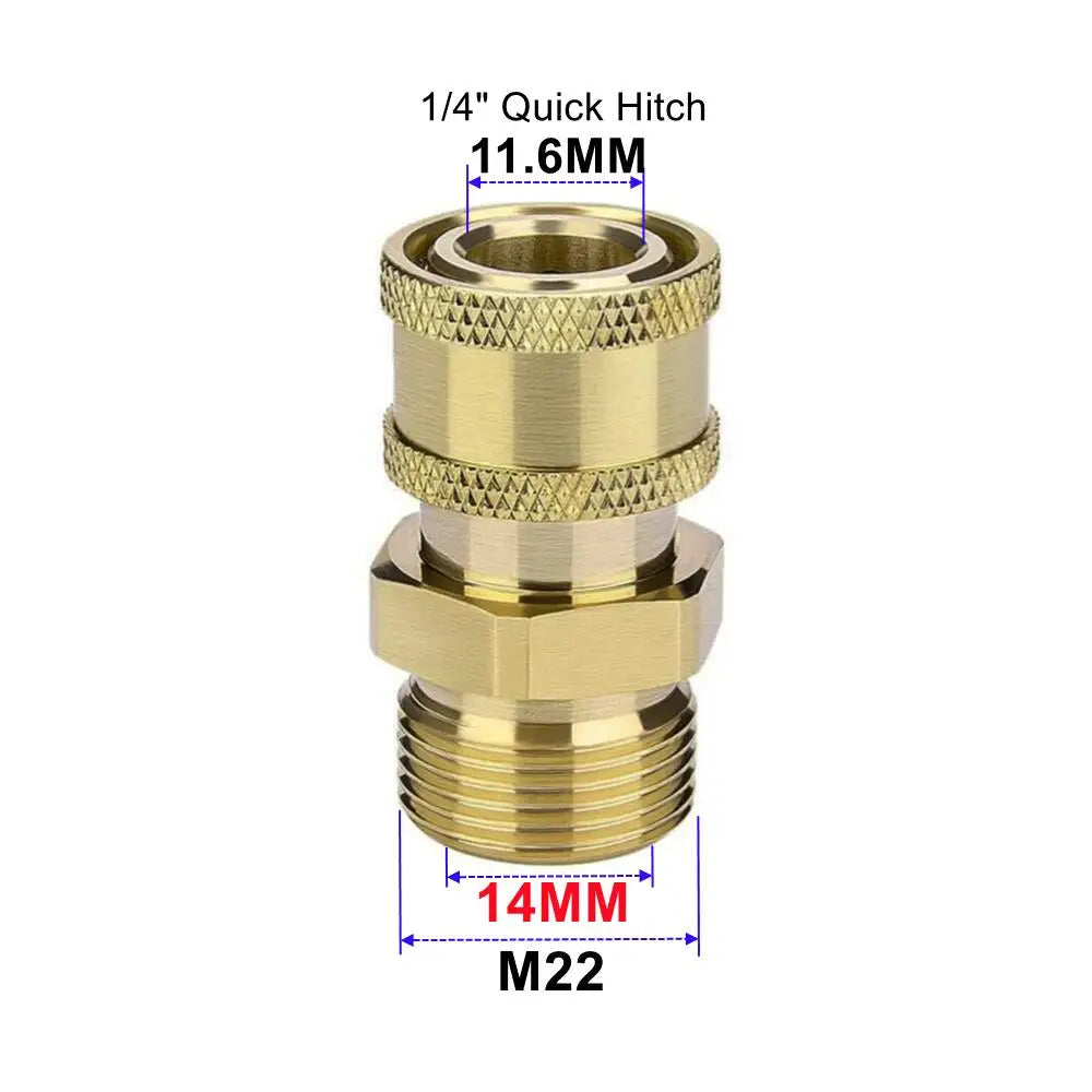 Brass pressure washer quick hitch adapter with 1/4 thread and M22 connection