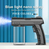 A black electric spray bottle is shown next to a glass bottle, demonstrating blue light nano spray technology.