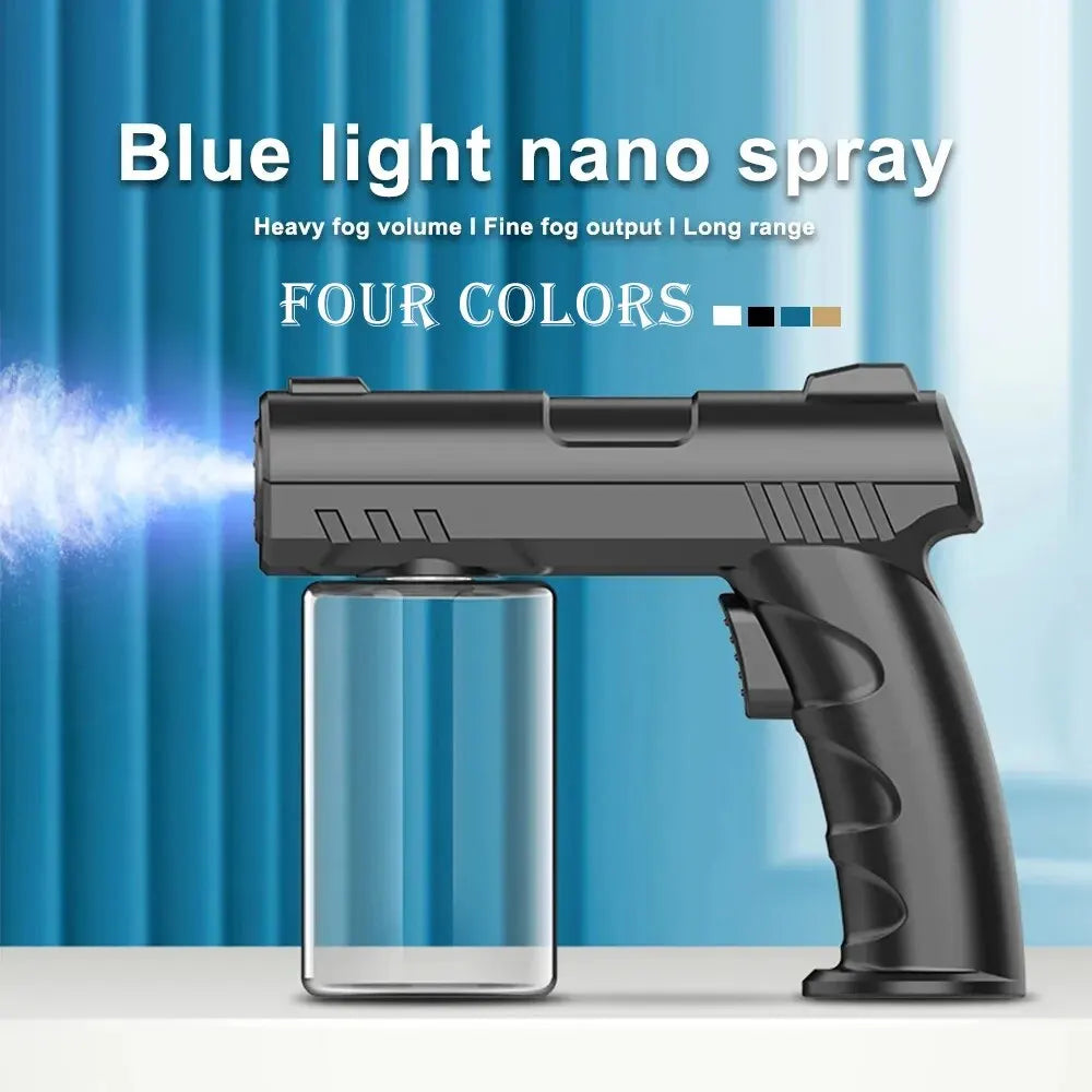 A black electric spray bottle is shown next to a glass bottle, demonstrating blue light nano spray technology.