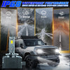 A rugged SUV is shown with an aftermarket LED headlight installation demonstrating waterproof performance in adverse weather 