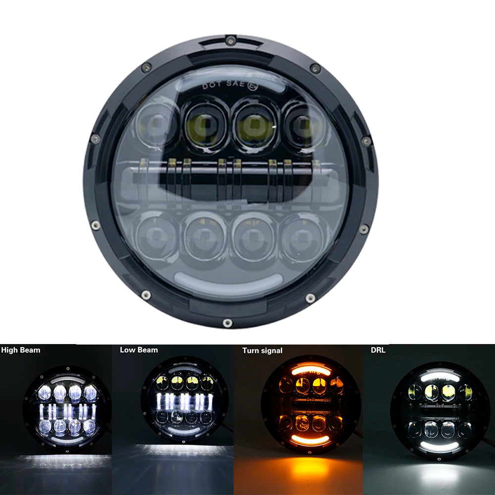 A 7-inch motorcycle LED headlight featuring angel eyes and DRL lights shown in various angles.