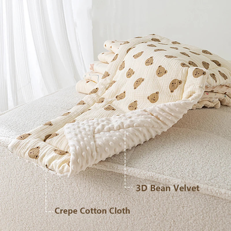 A beige and brown patterned 3D bean velvet crepe cotton cloth used as a baby stroller seat cushion.