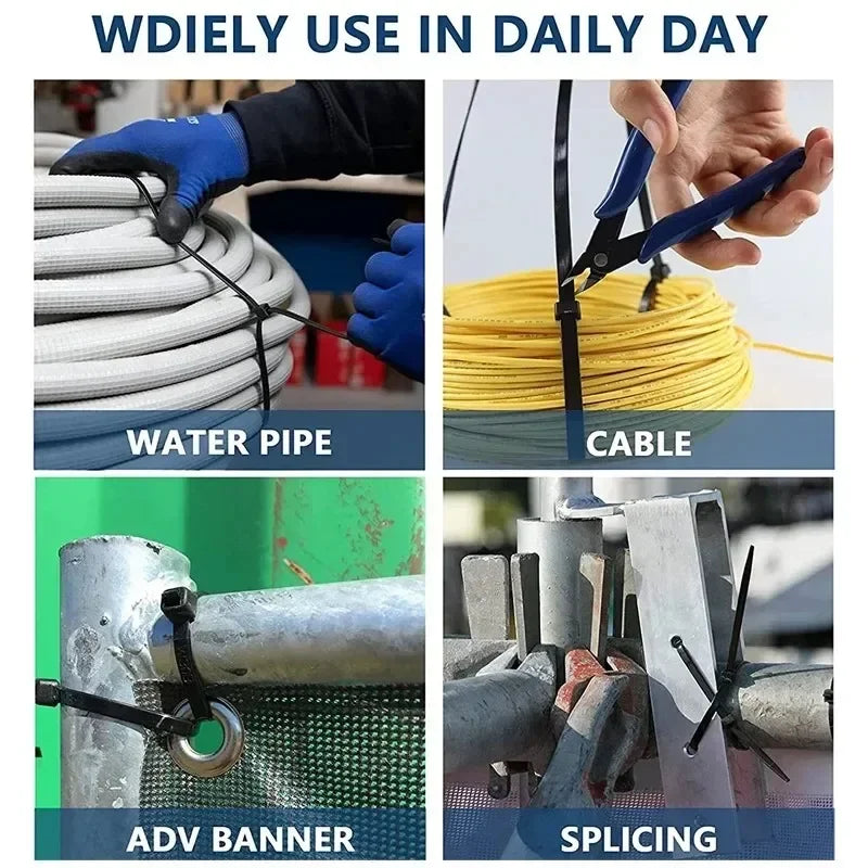Image showing nylon self-locking cable ties used in various applications like water pipe, cable bundling, banner attachment, 