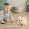 A baby is interacting with an electronic pig plush toy on a wooden floor.