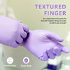 A hand wearing a purple textured finger disposable work glove is shown, highlighting its grip strength and food safety featur