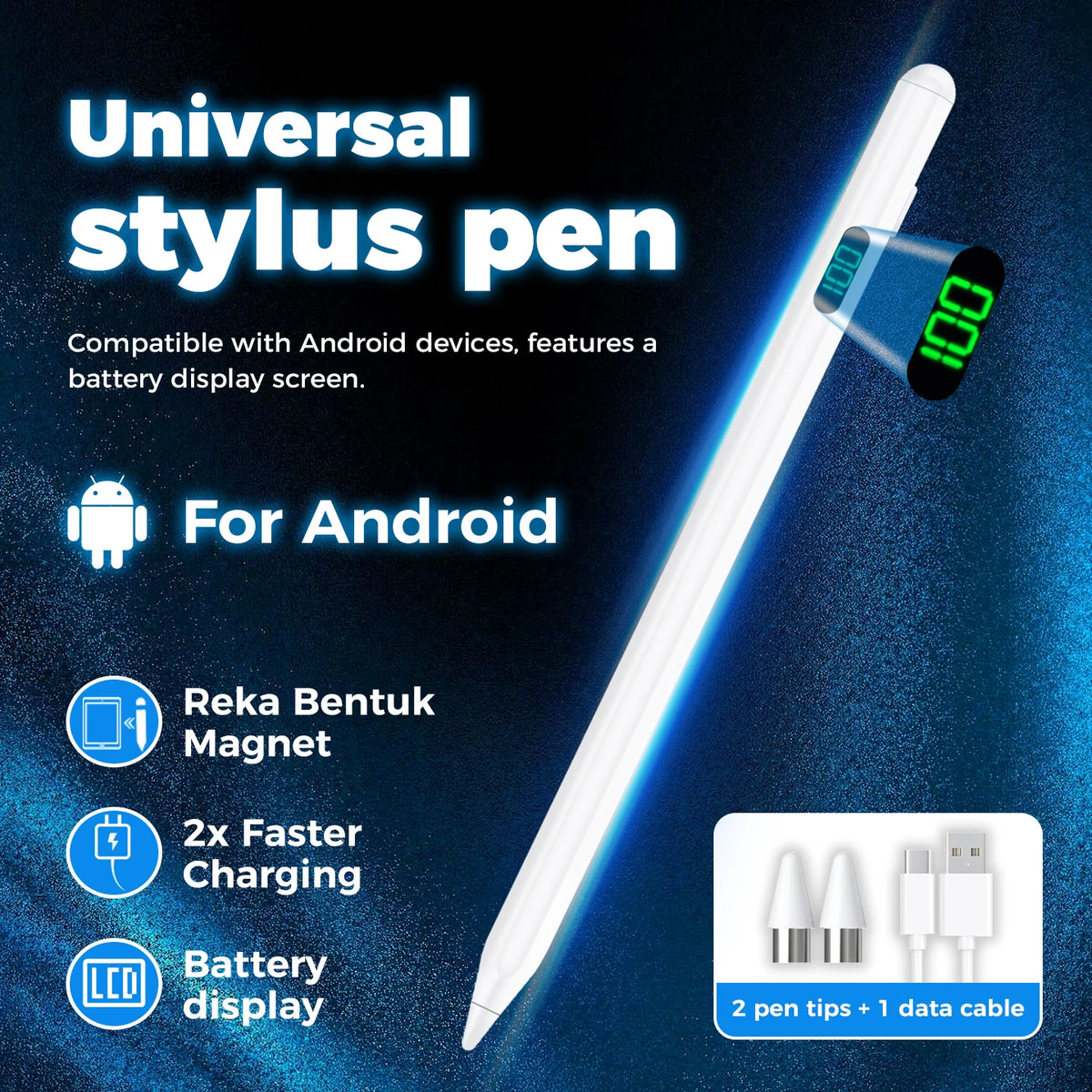 A white stylus pen with a battery display screen and magnetic tip is shown next to its charging cable.