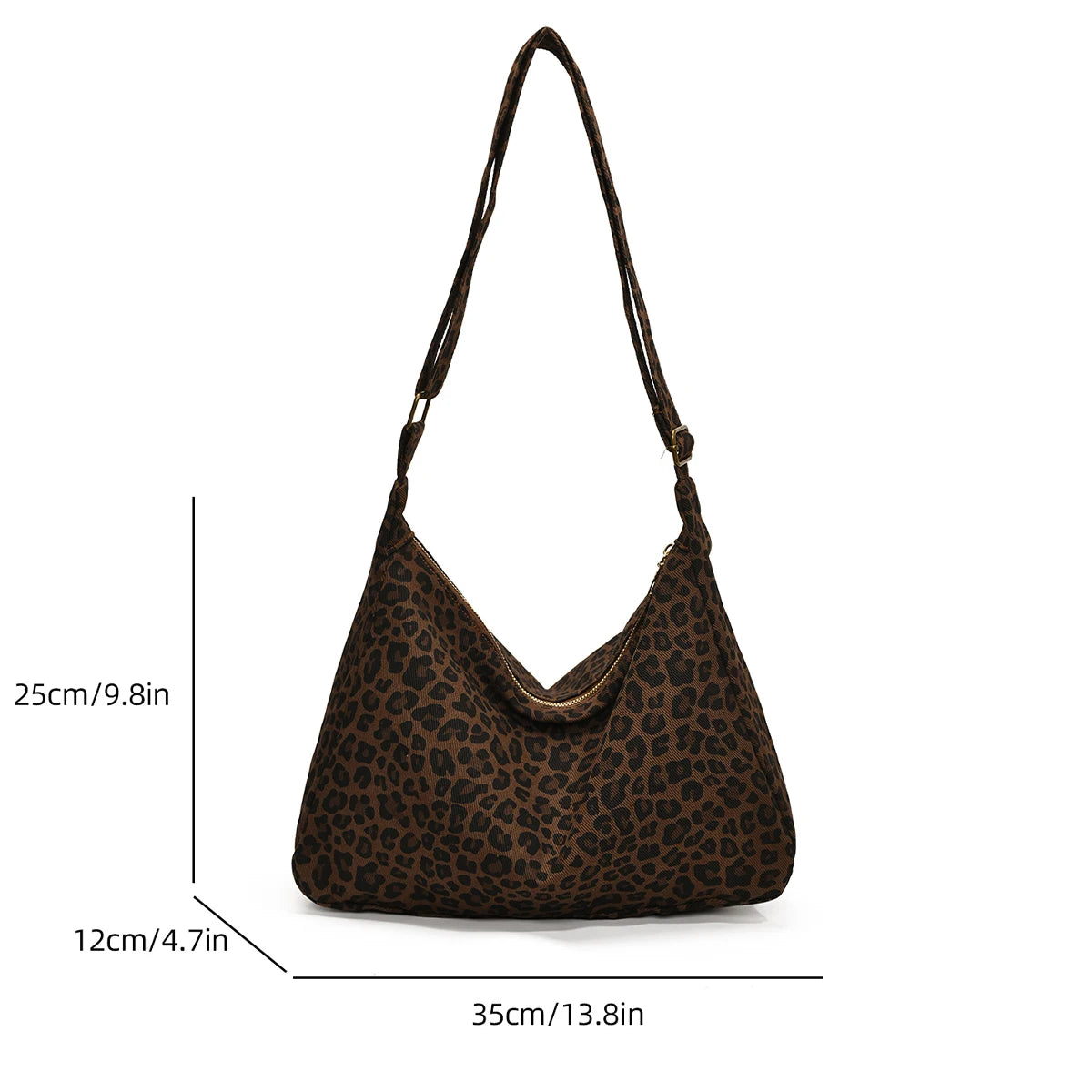 A brown leopard print canvas crossbody bag shown from the front with dimensions 25cm high and 12cm wide.