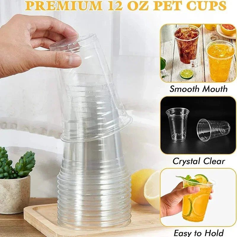 A hand is holding a stack of clear PET plastic cups with lids, demonstrating their smooth mouth and easy to hold features.