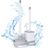 A set of three toilet brushes and a plunger with a holder shown amidst splashing water.