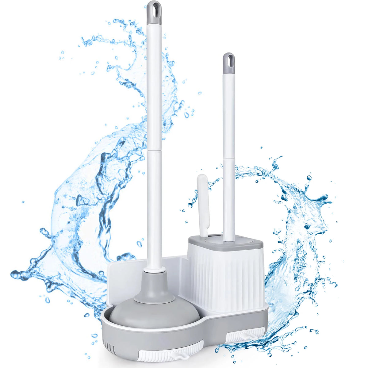 A set of three toilet brushes and a plunger with a holder shown amidst splashing water.