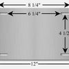 A rectangular metal license plate with embossed text and measurements, showing dimensions of 12 inches by 8 1/4 inches.