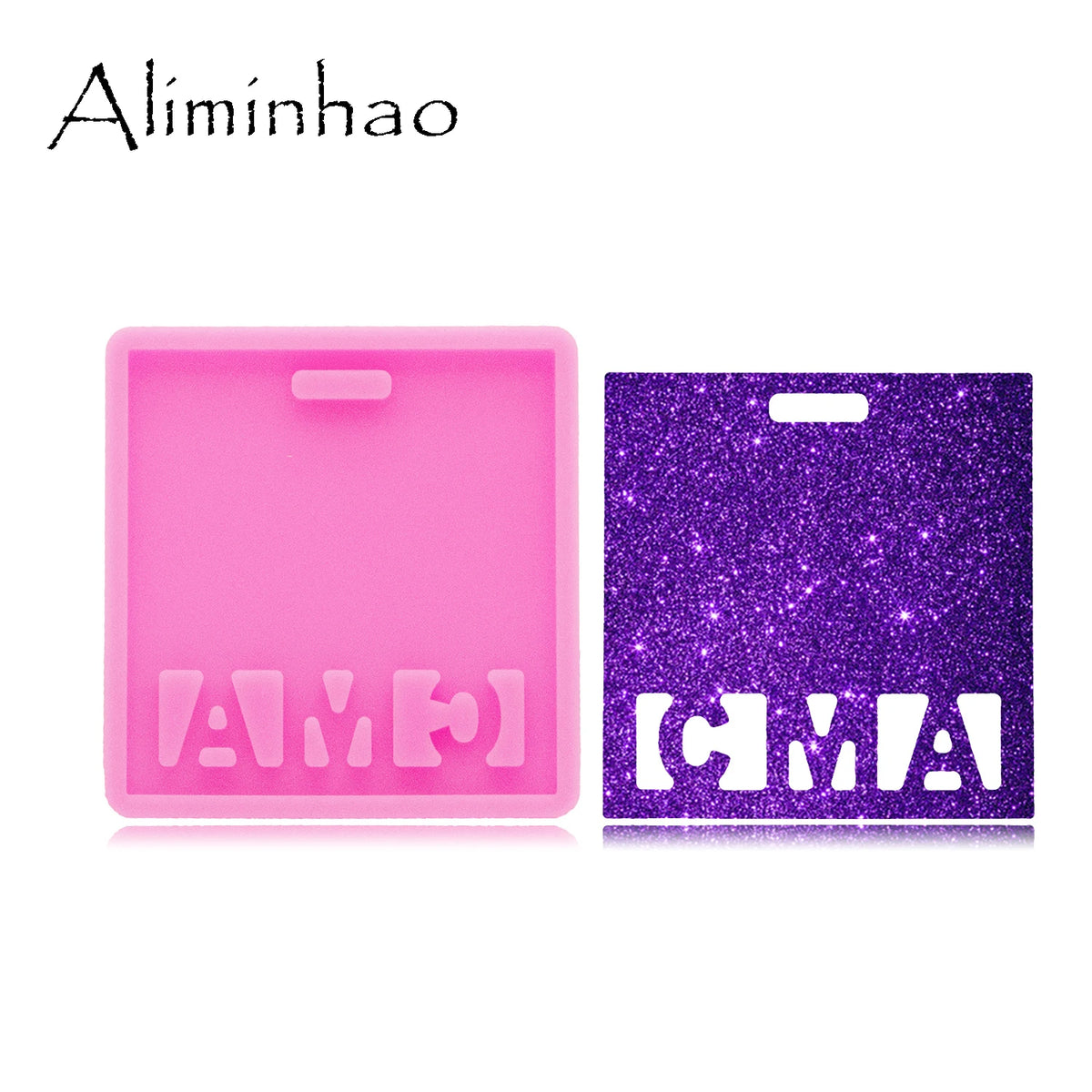 A pink silicone resin mold and a purple glitter mold for making badge backings and keychains.