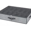 A rectangular gray fabric storage box with a clear window for under-bed shoe organization.