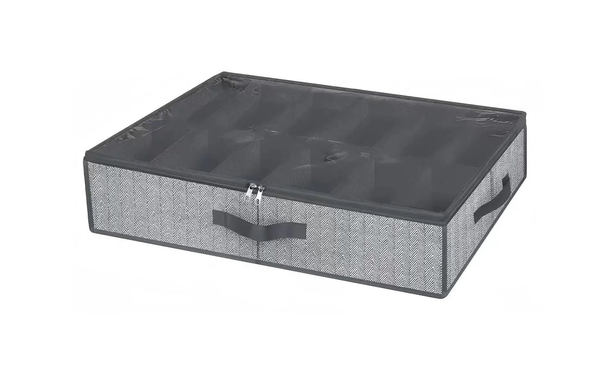 A rectangular gray fabric storage box with a clear window for under-bed shoe organization.
