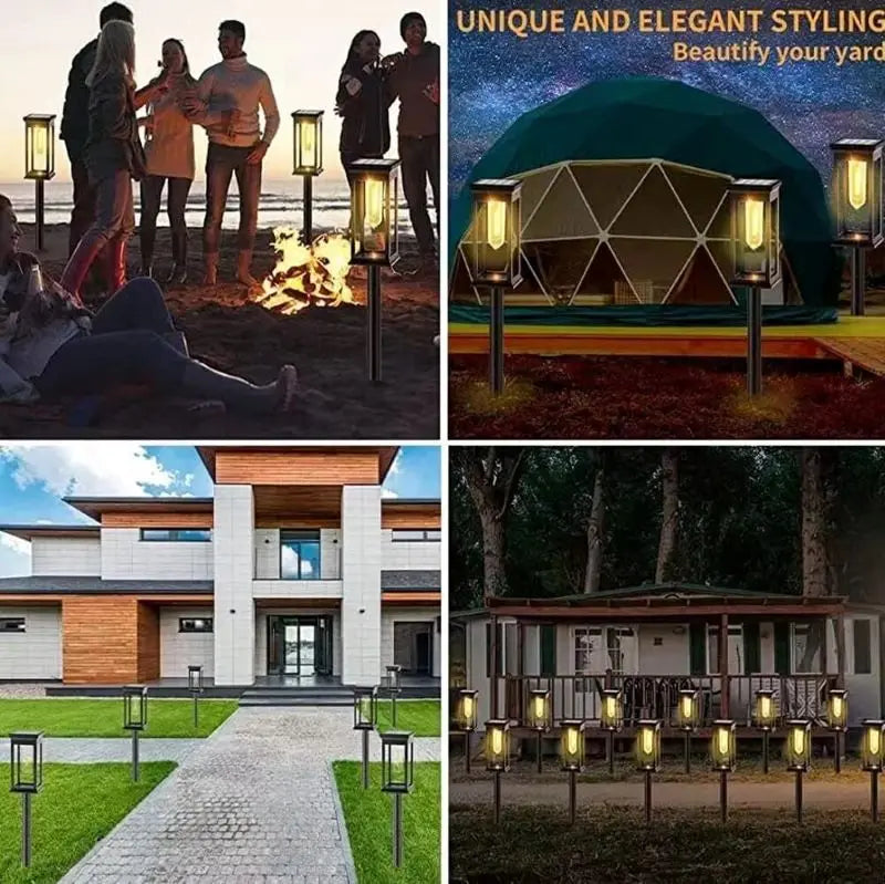 A collage showing various outdoor landscape lighting setups, including path lights and decorative lanterns.