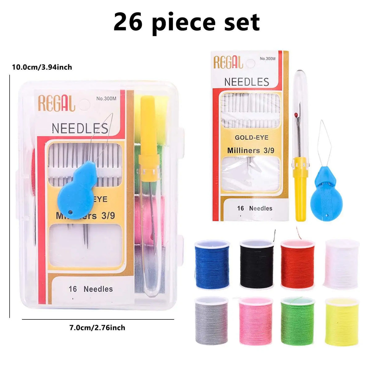 A 26 piece set of stainless steel sewing needles with gold-eye milliners and various sizes packaged in a clear case.
